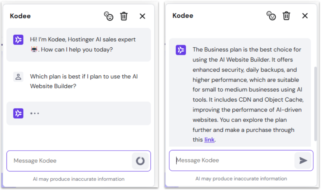 Hostinger Kodee chat bot conversation