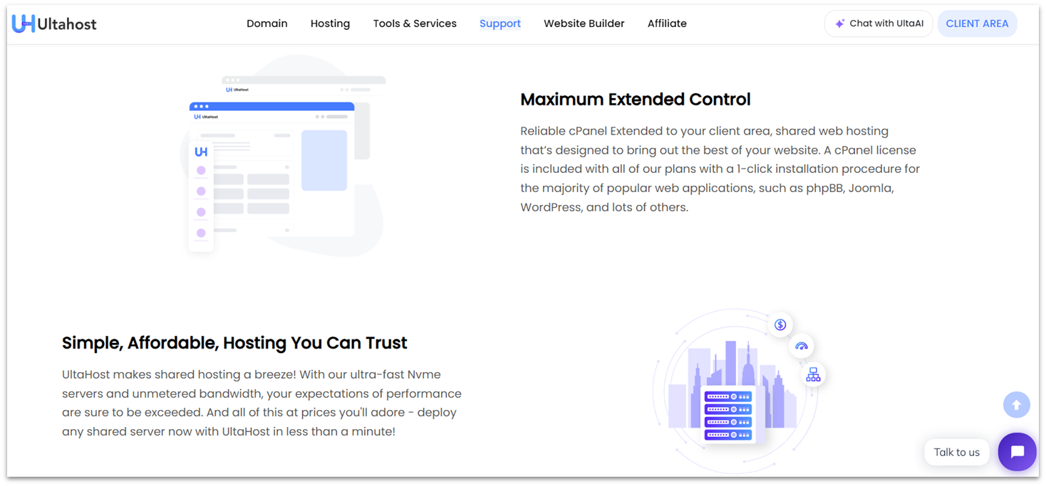 Ultahost free cPanel control panel for web hosting plans