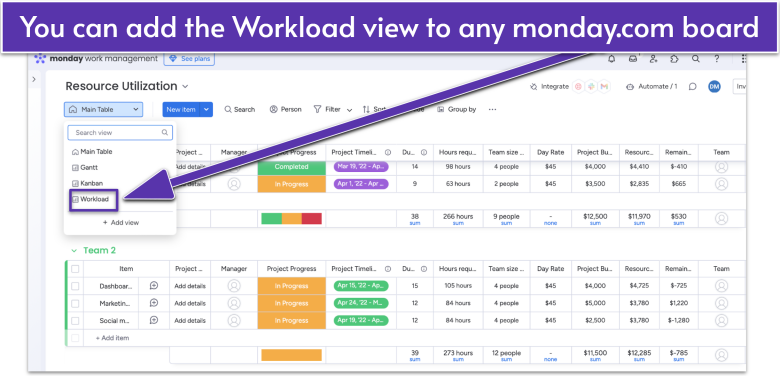 monday.com resource utilization Main Table view