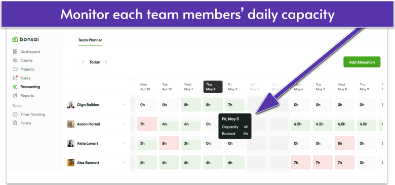 Bonsai team capacity tracking view