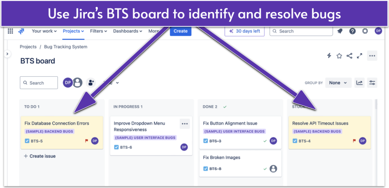 Jira Bug Tracking System board