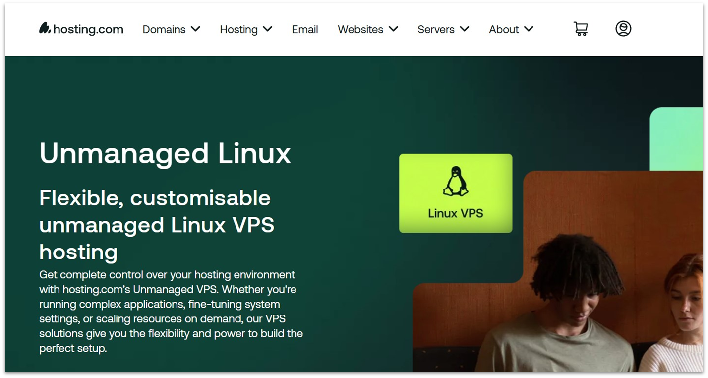 hosting.com's unmanaged Linux VPS landing page
