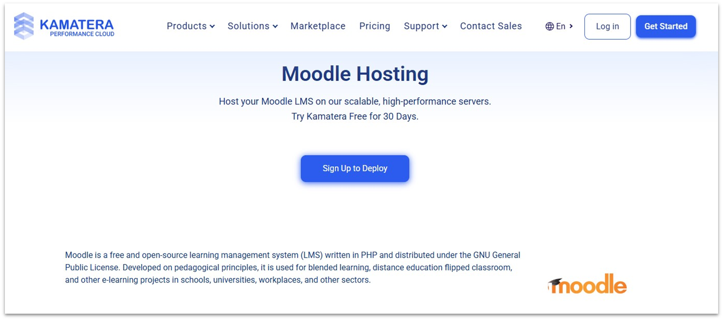 Kamatera's Moodle hosting landing page