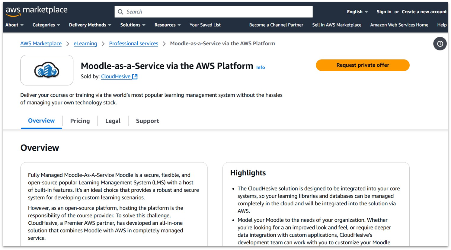 AWS' Moodle-as-a-Service landing page