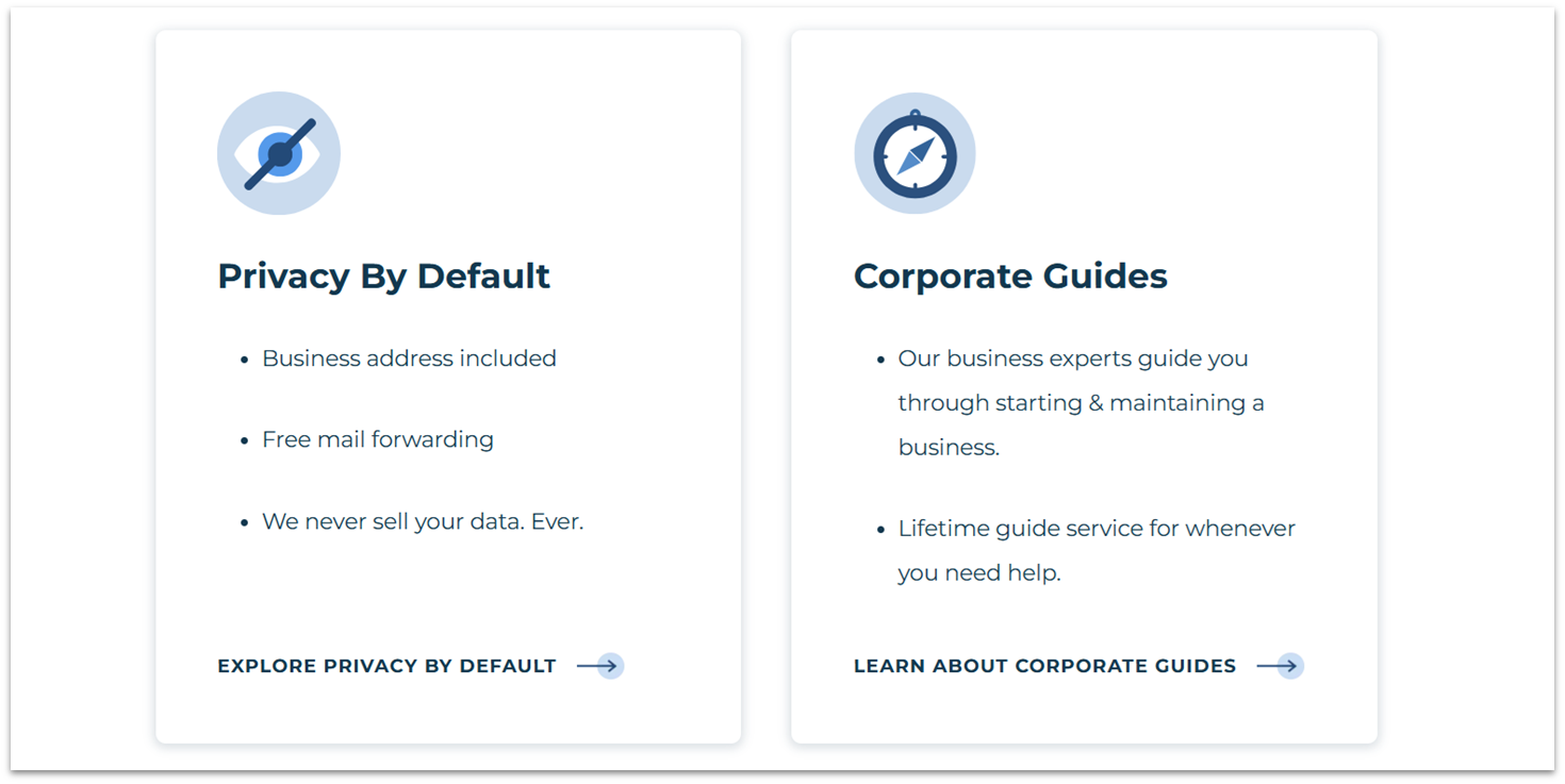 NorthWest Registered Agent services page showing Privacy by Default and Corporate Guides policies