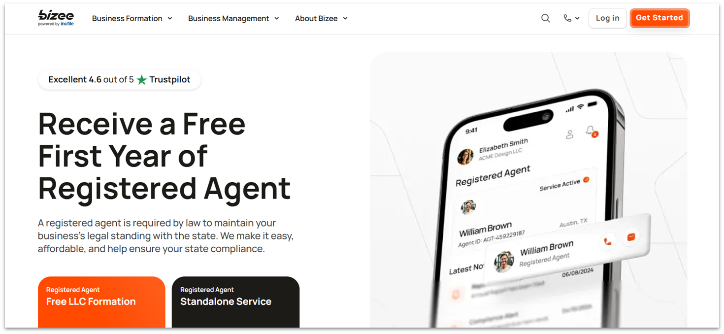 Bizee (formerly Incfile) Registered Agent services page showing first year free offer