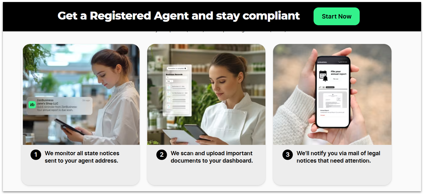 ZenBusiness Registered Agent services page