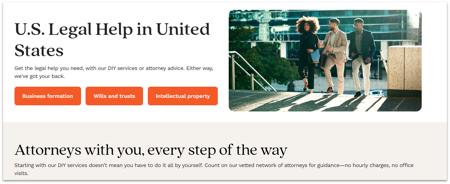 LegalZoom US Legal Help page with attorney advice