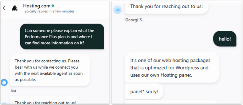 hosting.com live chat interaction