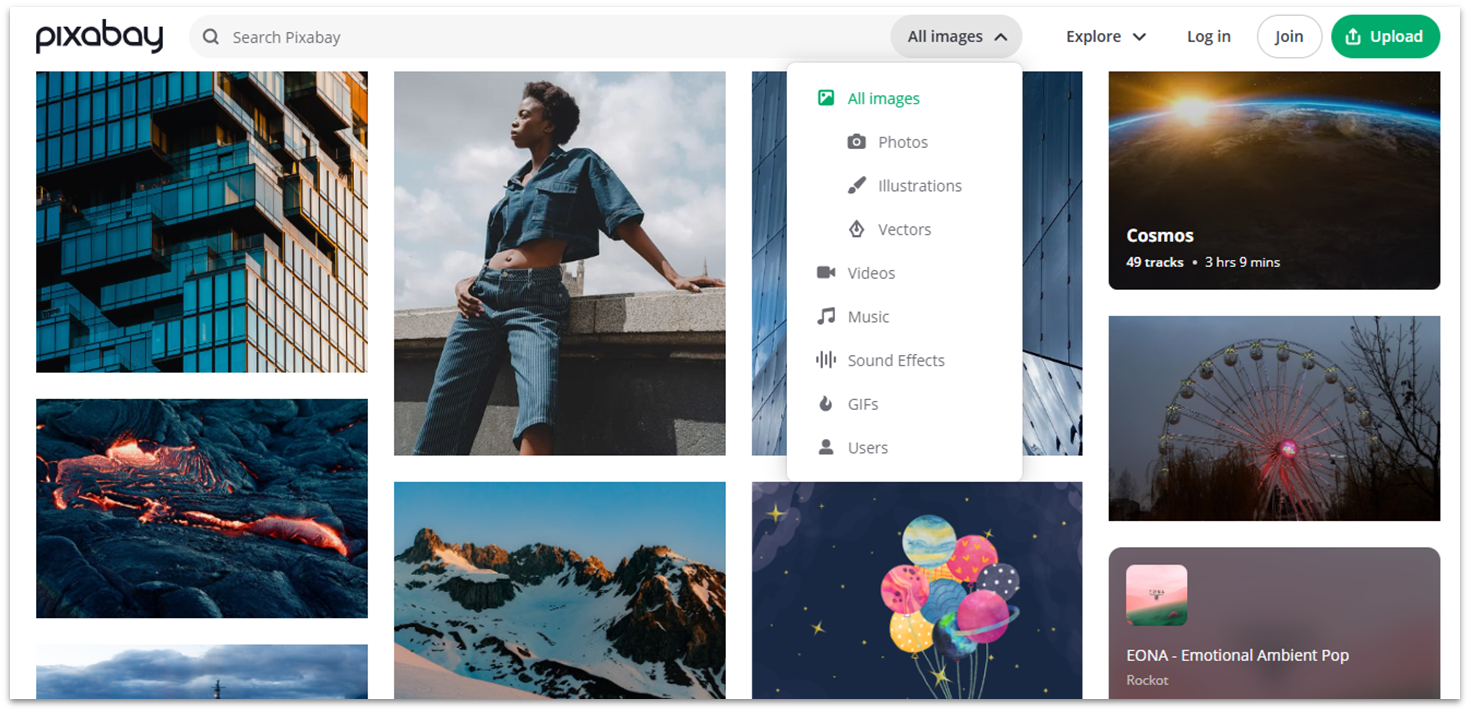 Homepage of Pixabay website with featured images.