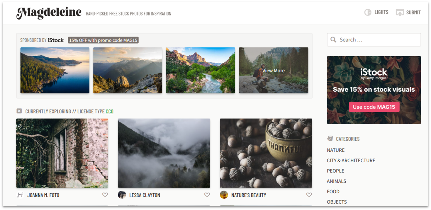 Homepage of Magdeleine website with CC0 photos