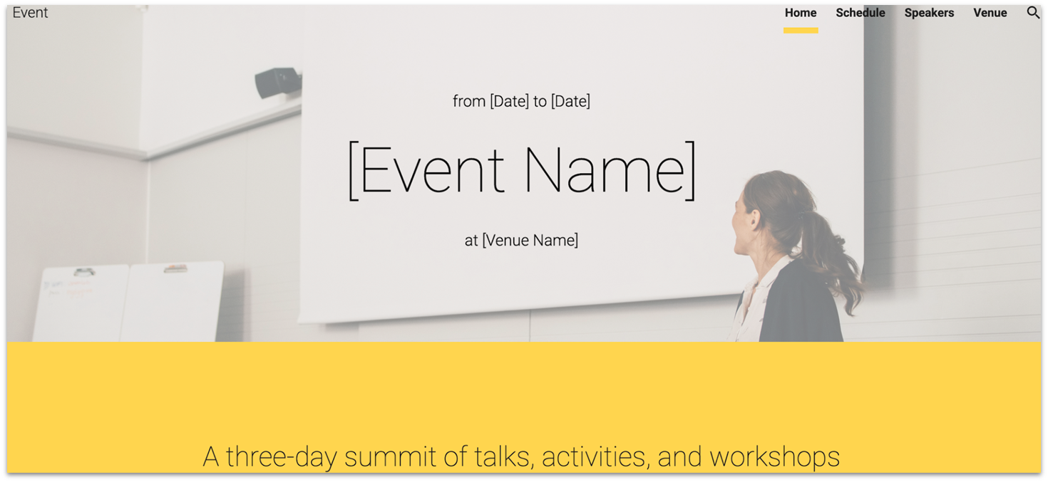 Google Sites' Event template homepage