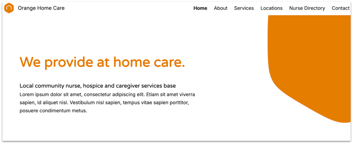 Google Sites' Orange Home Care template homepage