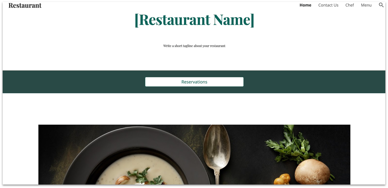 Google Sites' Restaurant template homepage