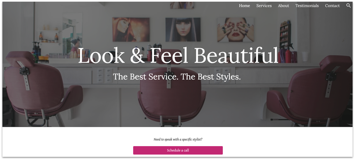 Google Sites' Salon template homepage