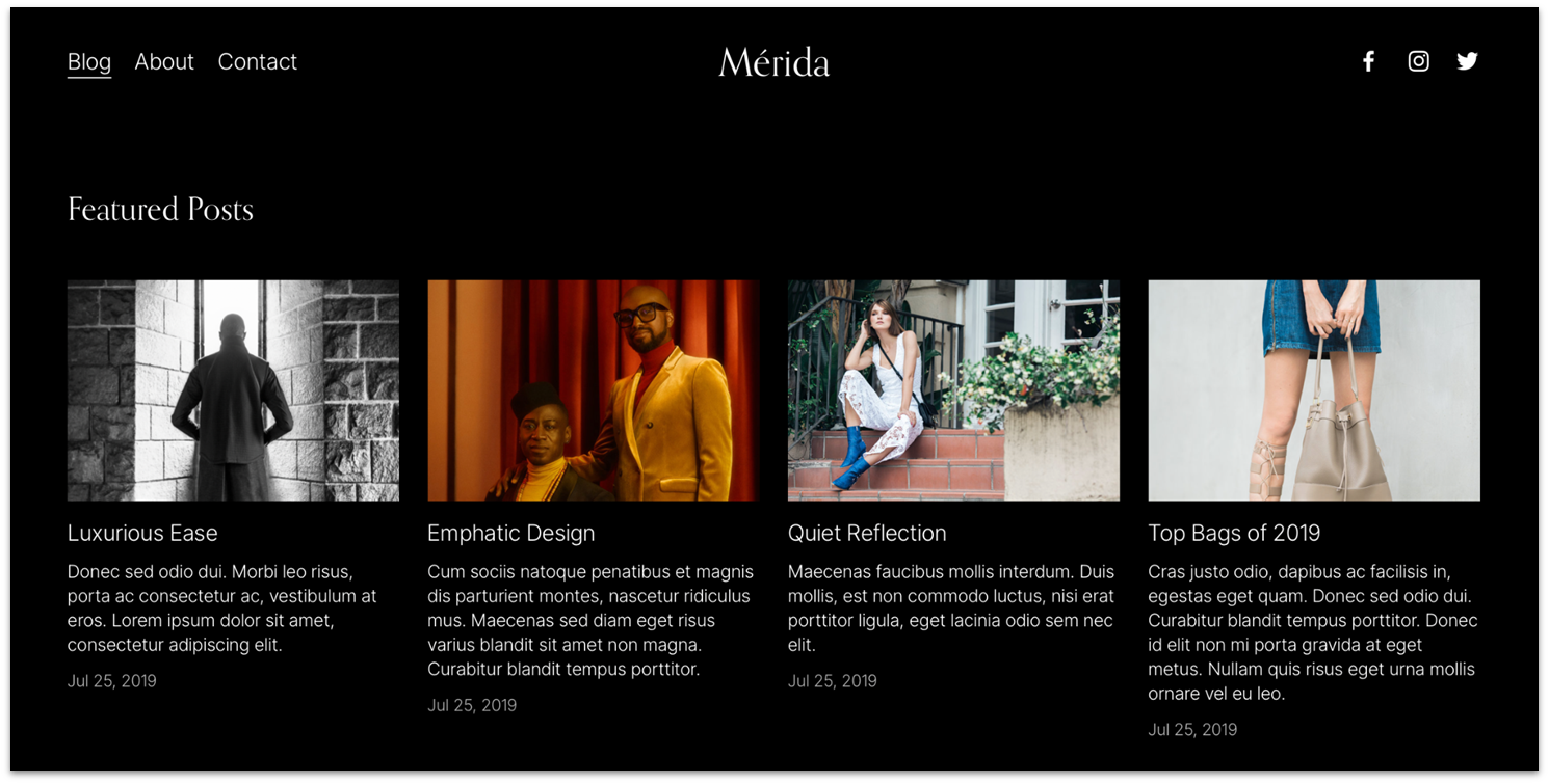 Squarespace Merida template homepage blog post gallery
