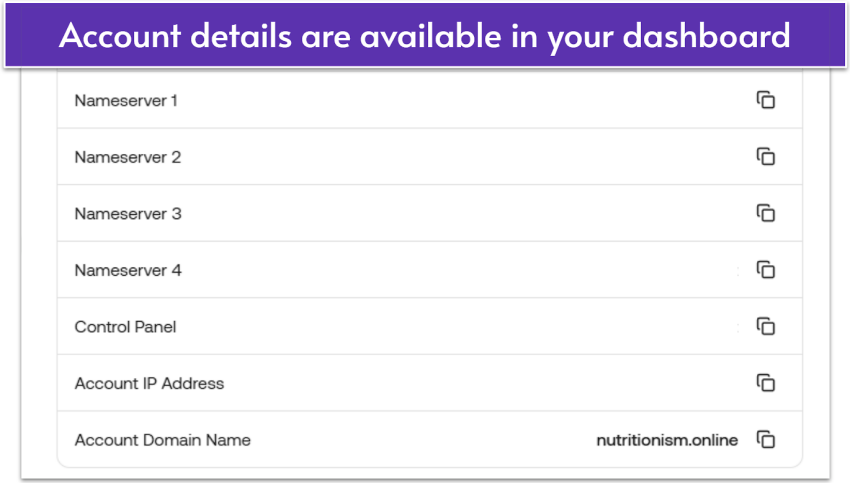 hosting.com account dashboard with nameserver information