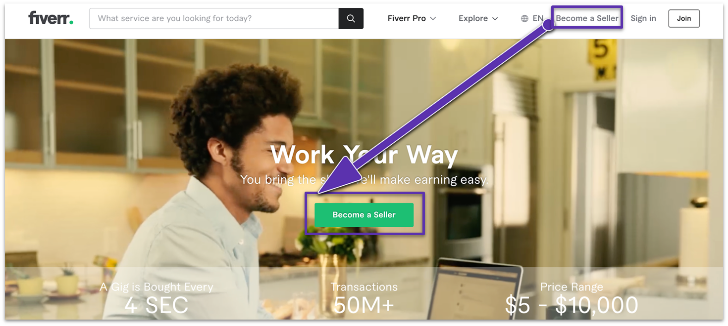 Fiverr Become a Seller homepage