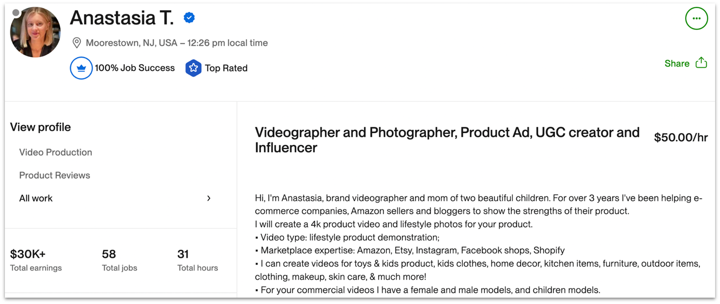 Anastasia T's Upwork profile