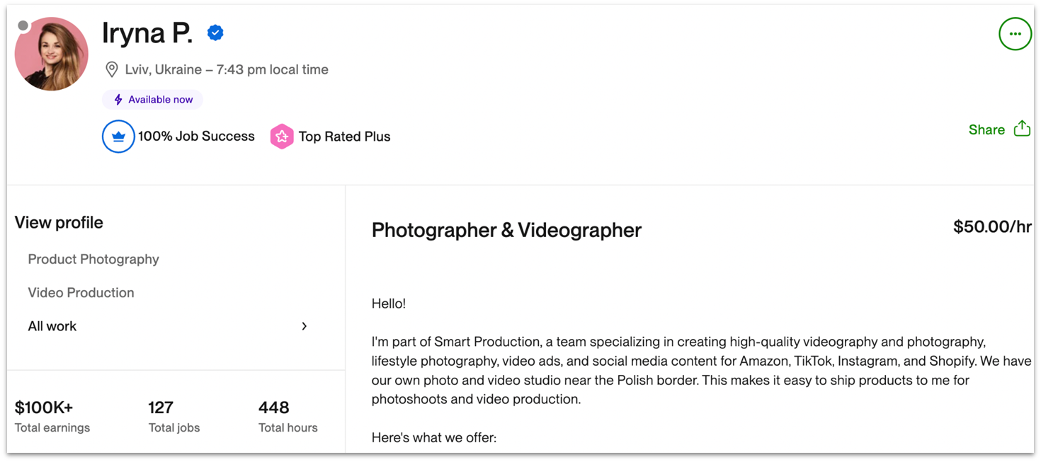 Iryna P's Upwork profile