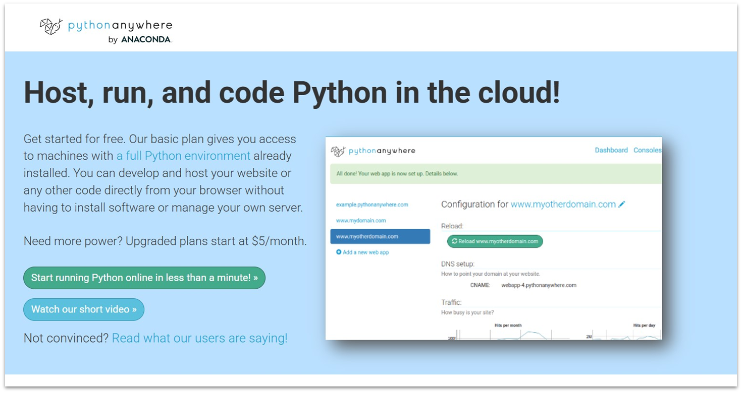 PythonAnywhere Python hosting landing page