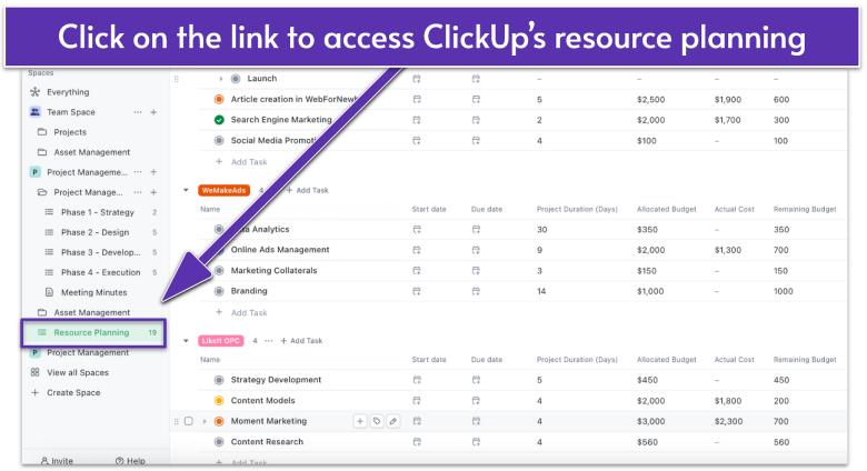 ClickUp Resource Management template.
