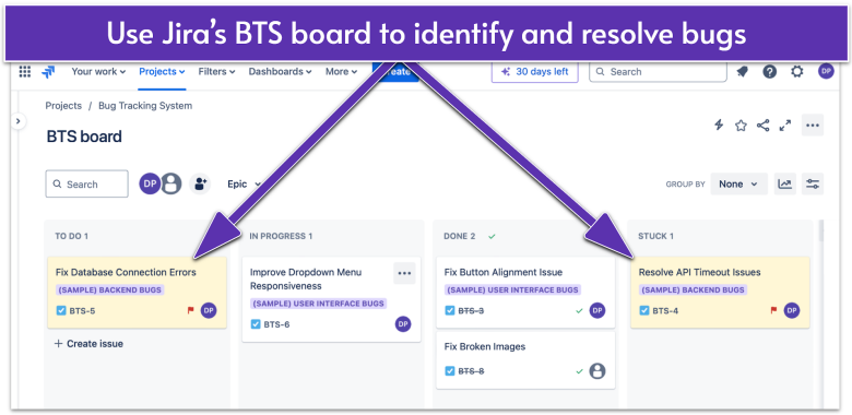 Jira Bug Tracking System board.
