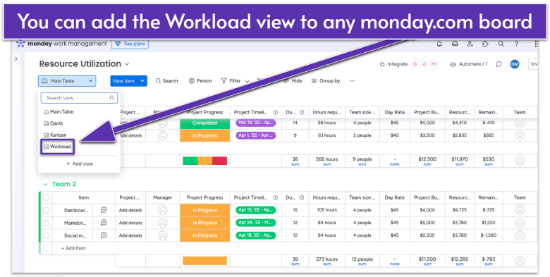 monday.com resource utilization Main Table view.
