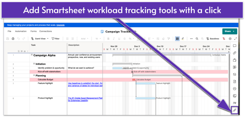 Smartsheet campaign tracker project sheet.