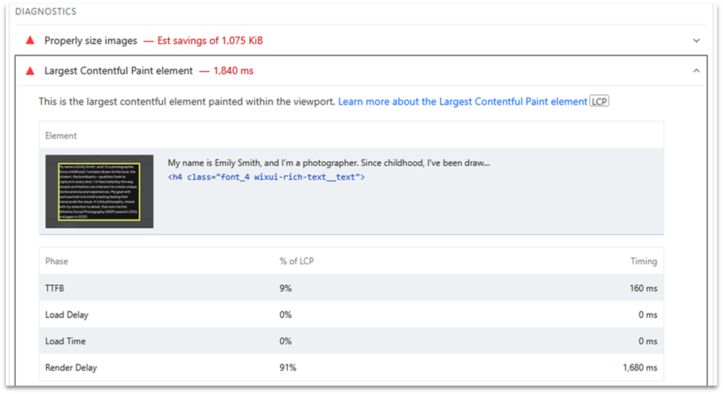 Google Lighthouse performance diagnostics