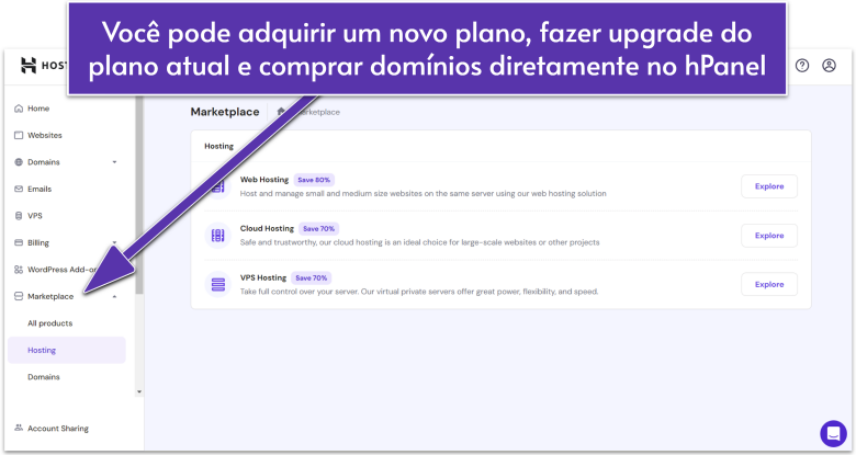 Hostinger hPanel Marketplace section