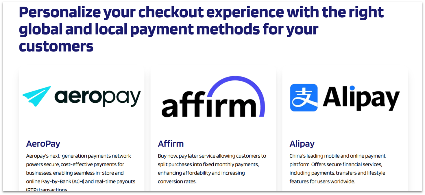 Worldpay advertised integrations with aeropay, affirm, and alipay