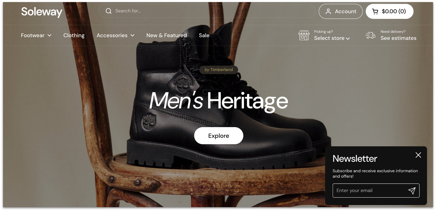 Shopify's shoe store template with a background showing a black boot