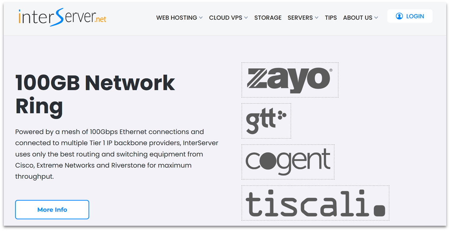 InterServer landing page with network connection speed features