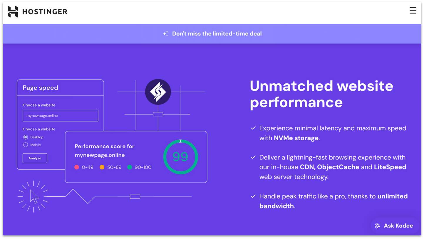 Hostinger's official website showing a description of its performance features