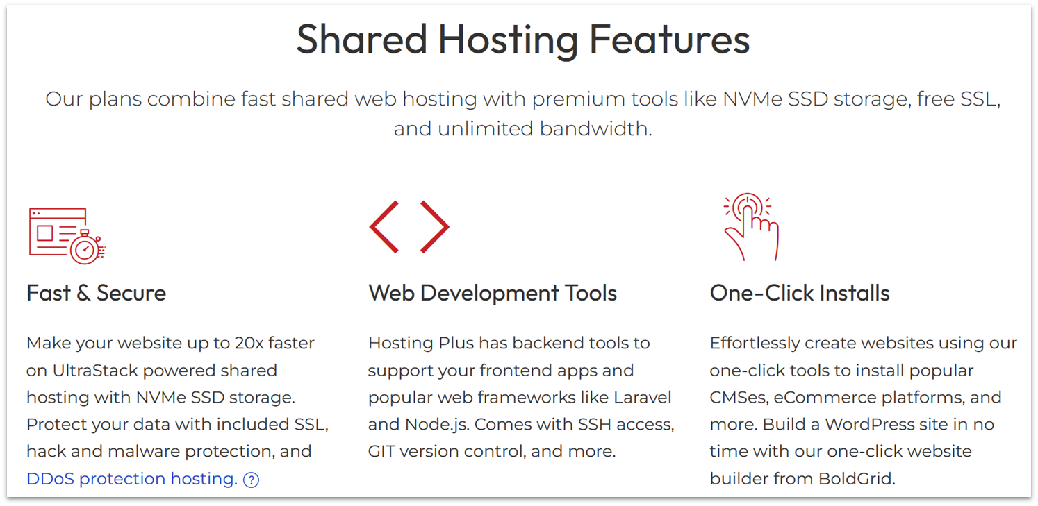 InMotion Hosting's shared hosting page showing a list of included features
