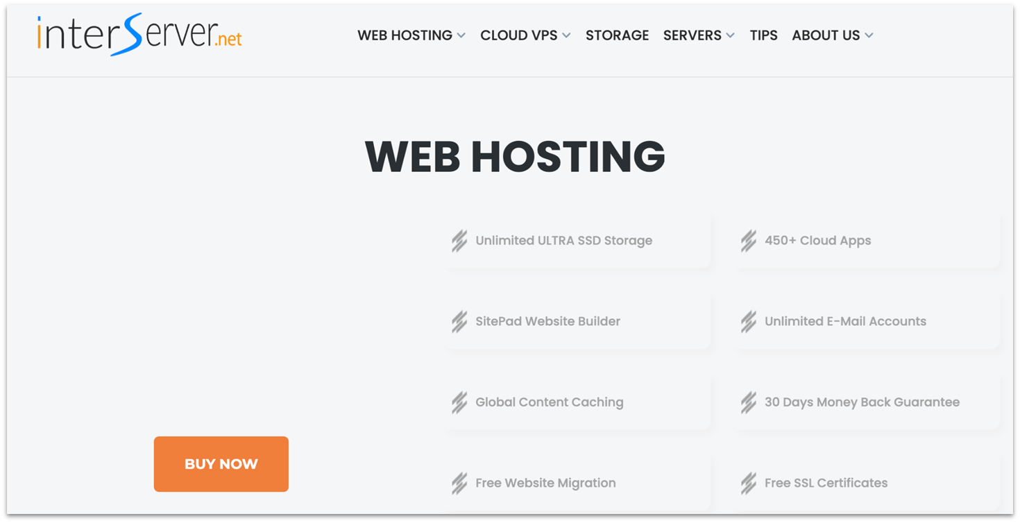 InterServer's web hosting page showing a list of included features