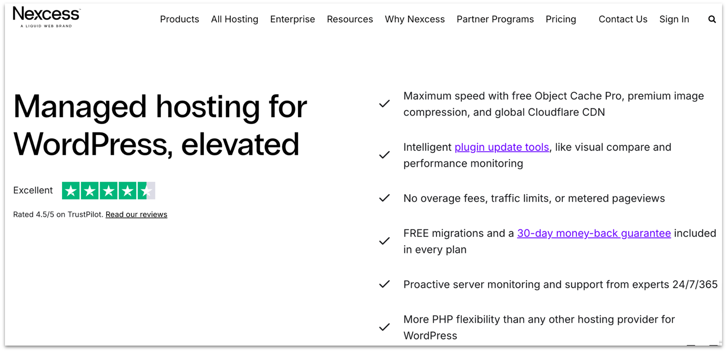 Nexcess' managed hosting for WordPress page showing a list of included features