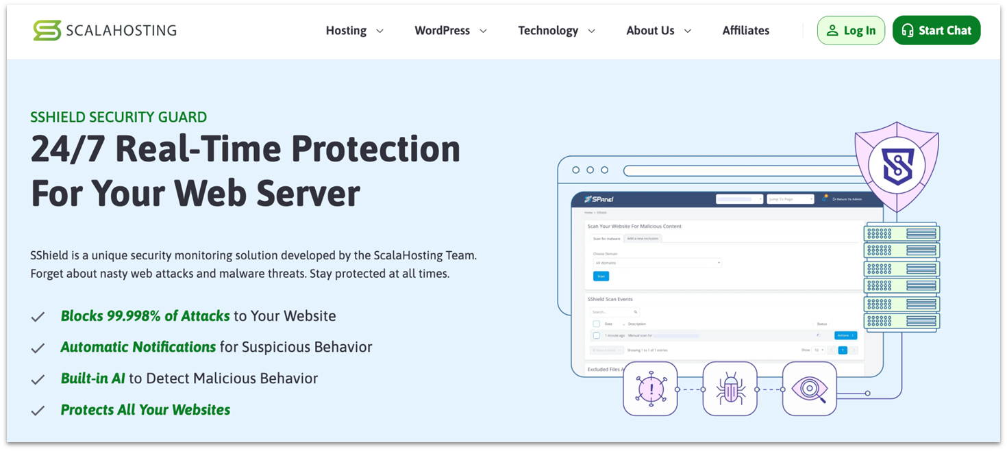 ScalaHosting's website listing the features of its SShield Security Guard