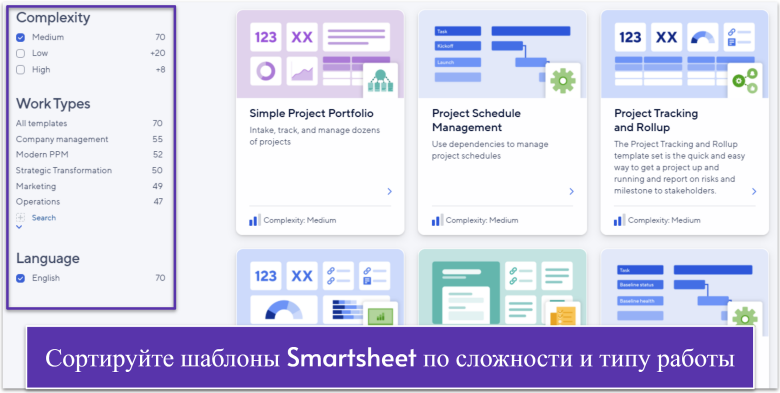 Smartsheet solution template filters for complexity, work type, and language