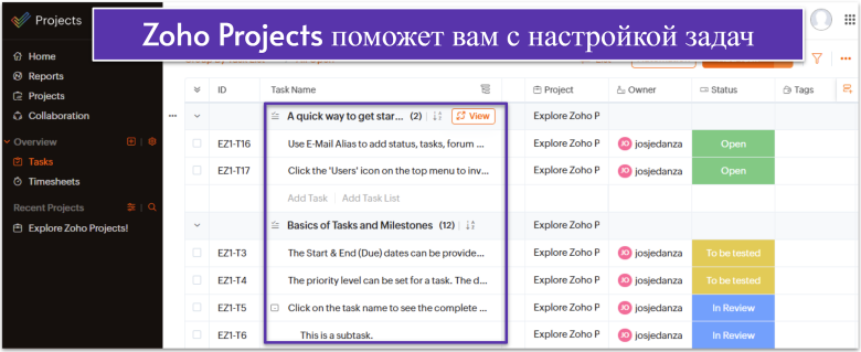 Zoho Projects task list