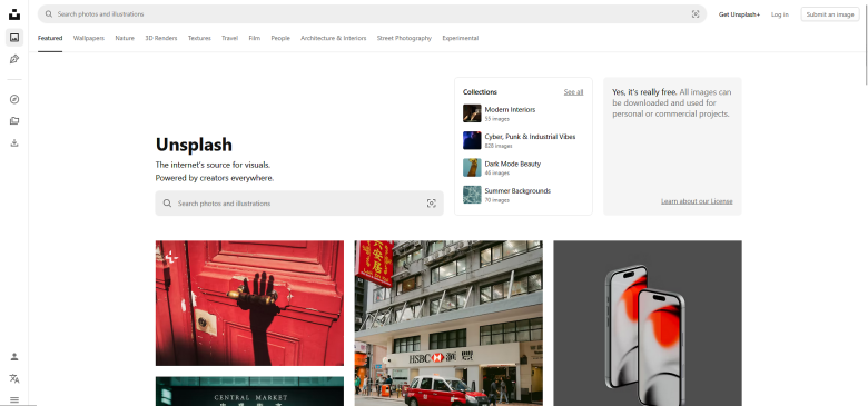 A screenshot of the homepage for Unsplash