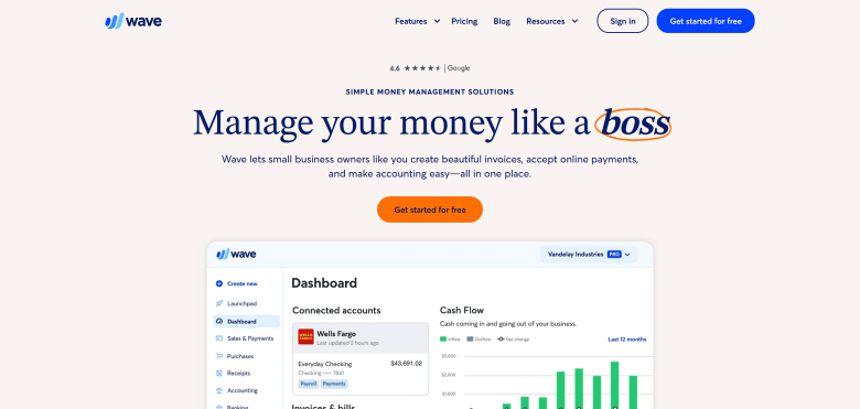 A screenshot of the homepage for Wave Accounting