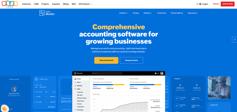 A screenshot of the homepage for Zoho Books
