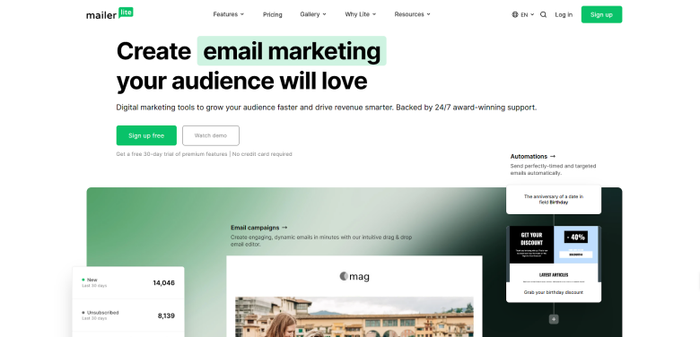 A screenshot of the homepage for MailerLite