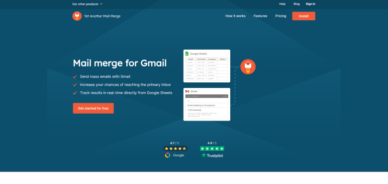 A screenshot of the homepage for Yet Another Mail Merge