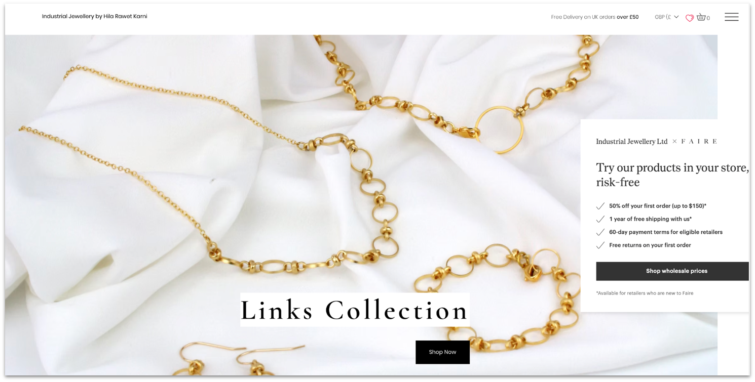 Industrial Jewellery Wix online store with hero image and slide-in pitch to retailers