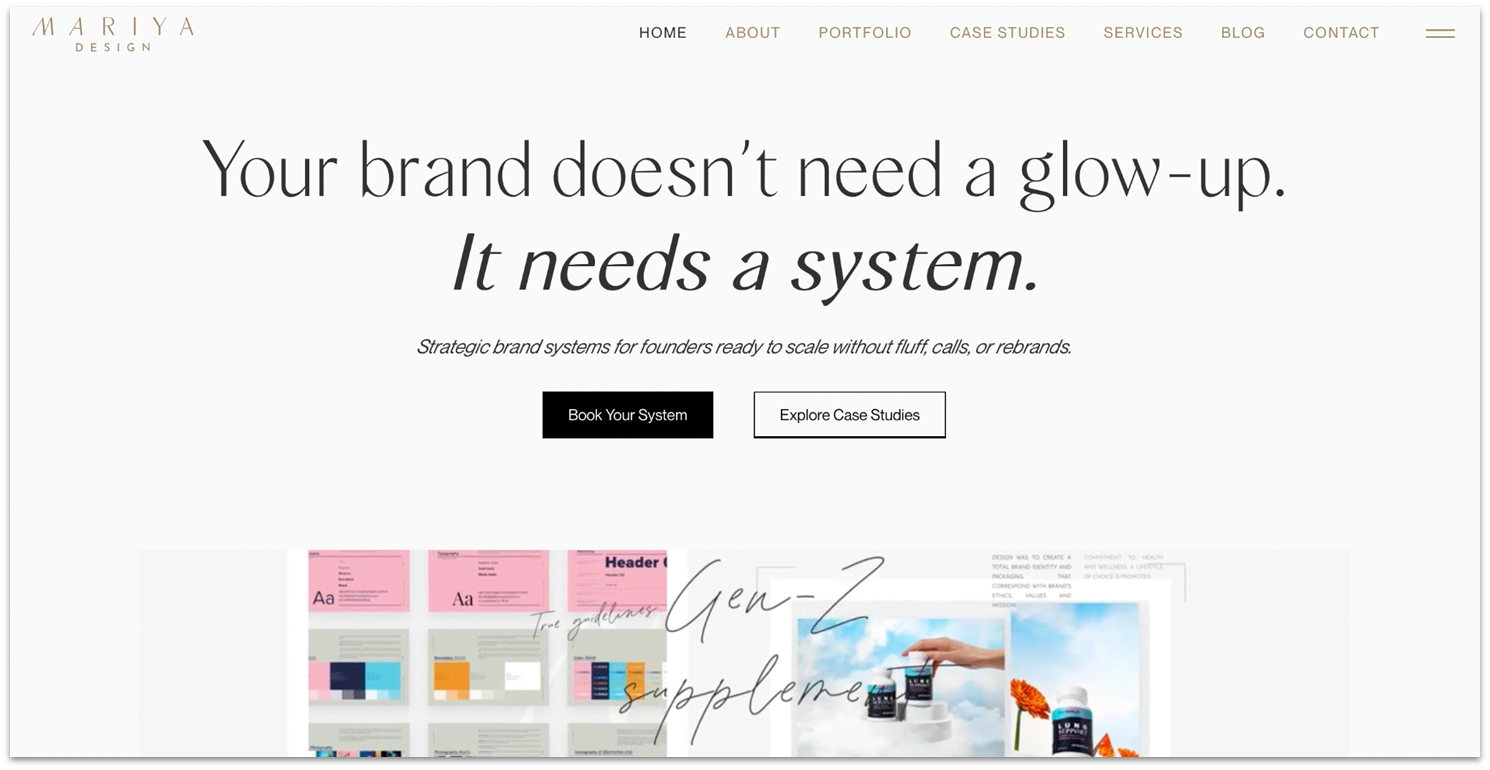 Mariya Designs Wix portfolio homepage with subtle animations and link to case studies