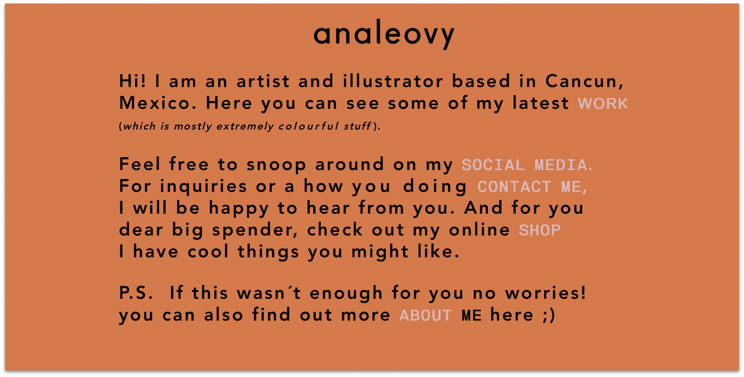 Illustrator Ana Leovy's Wix portfolio homepage with clickable links