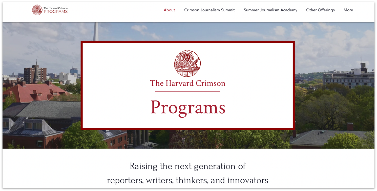 The Harvard Crimson Programs Wix minimal website homepage with clear navigation